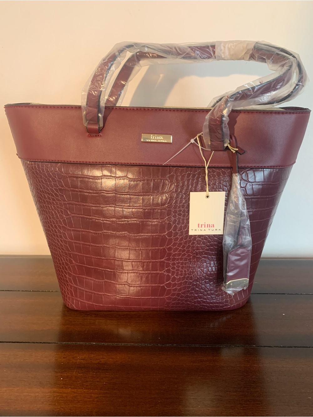 NWT Trina Turk Burgundy Croc Embossed Tote Shoulder Bag With Gold Accents